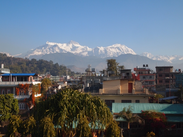 one last view of the Himalayas from my balcony in Pokhara